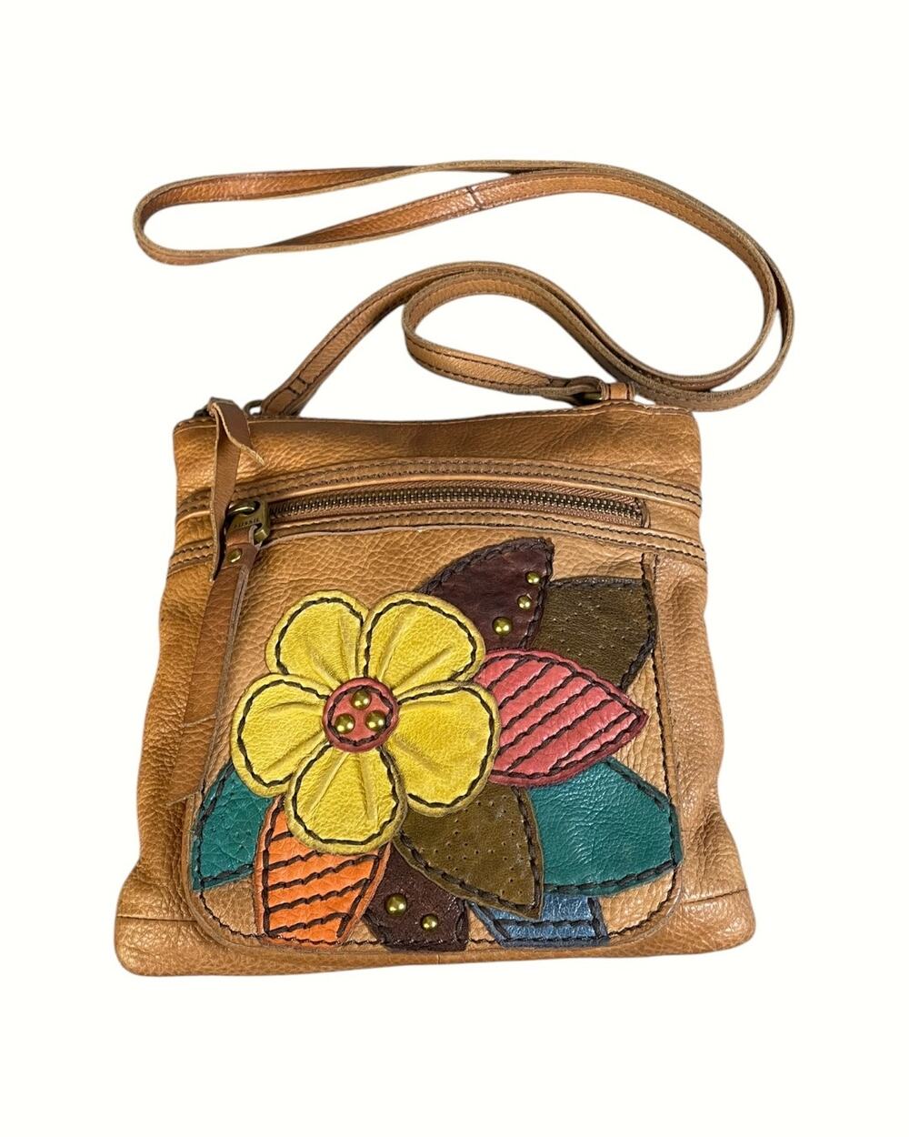 Vintage Fossil Tan Leather Crossbody Bag With Multicolored Floral Patchwork